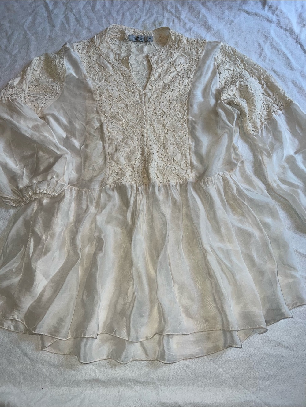 Off White Silk Lace Peasant Blouse - Women's Elegant V-Neck Top - Picture 2 of 15